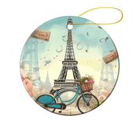 Eiffel Tower Bike Christmas Tree Ornaments Round Shape Ceramic Xmas Tree 2 Pcs Hanging Pendants 2024 Christmas Tree Decorations for Xmas Family Party Holiday Decorative