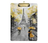 Eiffel Tower Black White Yellow Plastic Clipboard A4 Letter Size PVC Writing Board with Low Profile Gold Metal Clip Hardboard for School, Office 12.5x9 Inch