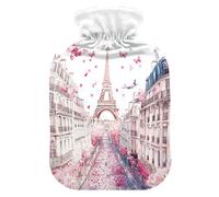 Eiffel Tower Butterfly Pink Pattern Hot Water Bottle with Cover for Pain Relief Hot Bottle Water Bag for Headaches Back Pain, 1L