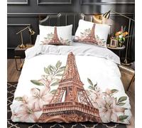 Eiffel Tower Comforter Cover 3D Print Breathable 3PCs Bed Linen Hidden Zipper Paris Floral Design Quilt Cover Ultra Soft Machine Washable for Teens Youth Adults Women Kids Boys Single（135x200cm）