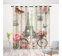 Eiffel Tower Curtains 90 Inch 2 Panels, Bicycle Flower Butterfly 3D Pattern Drapes with Eyelet Thermal Insulated Curtain, Letter Stamp Retro Blackout Curtains for Bedroom Living Room, 46" x 90"