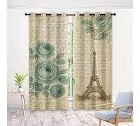 Eiffel Tower Curtains for Bedroom, 3D Rose Letter Flower Print Eyelet Blackout Curtains, Vintage French Drapes Thermal Insulated Curtain for Kitchen Living Room, 2 Panels (33 x 45 Inch)