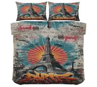 Eiffel Tower Duvet Cover Set - Paris Graffiti Bedding Sets - Abstract Vintage Single Bedding 2 Piece - Soft Microfiber Quilt Cover & 1 Pillowcase, Zipper Closure & Ties, 140x200 Jz285