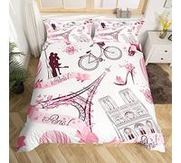 Eiffel Tower Duvet Cover Set Paris Pink Comforter Cover Paris Decor Bedding Set Valentines for Adults and Teens Microfiber Double Size