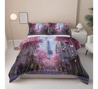 Eiffel Tower Duvet Cover Set, Paris Street Scene Reversible Bedding Set, Pink Butterfly Polycotton 3 pcs Lightweight Premium Quilt Cover Set for All Seasons With Zipper (Romantic Paris, Single)