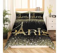 Eiffel Tower Duvet Cover Single For Kids Boys Girls Watercolor Black Golden Paris Bedding Set Bling Bling Sparkles Diamond Comforter Cover Bedroom Decor Girly Sequins Quilt Cover With 1 Pillow Sham
