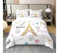 Eiffel Tower Duvet Cover Super King Size 100% Cotton Paris Famous Landmark Bedding Set Boys Girls French Style Butterfly Soft Comforter Cover White Gold Pink Kids Bedroom Decor,No Comforter