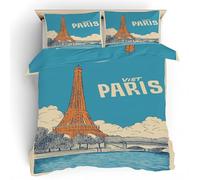 Eiffel Tower Duvet Cover Superking Size, Vintage Paris Print Bedding Set, Soft Microfiber Travel Poster Comforter Cover with 2 Pillowcases, with Zipper Closure & Corner Ties