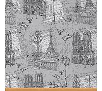 Eiffel Tower Fabric, Church Upholstery Fabric, Paris River Doves Scenes Decorative Fabric, City Building Indoor Outdoor Fabric, DIY Art Fabric by The Yard, Grey White, 2 Yards