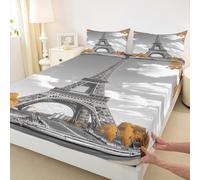Eiffel Tower Fitted Sheet King Size,Modern Paris French Style Bedding Set 3Pcs for Kids Girls Boys,Autumn Maple Leaves Deep Pocket Sheet,2 Pillowcase,Brown Grey