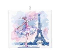 Eiffel Tower Girl Dish Drying Mat Absorbent Draining Board Pad for Kitchen Counter Watercolor Paris Coffee Mat Dishes Drainer Protector with Hanging Loop 16 x 18 Inch