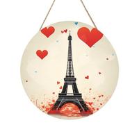 Eiffel Tower Heart Airplane Pattern 12 Inch Round Wood Sign Wall Decor, Rustic Wooden Hanging Door Sign with Rope for Home Farmhouse