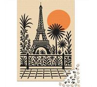 Eiffel Tower Illustration with Tropical Plants Adult Jigsaw Puzzle, 1000 Pieces, 38x26cm/1000pcs; White Card Pieces with Reduced Dust; Screen-free Family Time at Home