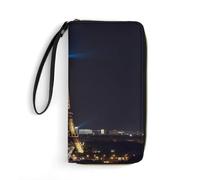 Eiffel Tower in Paris at Night Leather Wallet Smooth Zip Around Clutch Wristlet Travel Long Soft Purse for Women