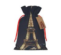 Eiffel Tower In Paris At Night Printing Drawstring Christmas Bag With Kraft Tag 4.7x6.9 Inch For Halloween Wrapping Gifts