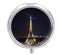 Eiffel Tower in Paris at Night Round Pill Box with Mirror 3 Compartment Portable Pill Case for Travel Outdoor Use Cute Small Pill Organizer for Pocket Or Purse