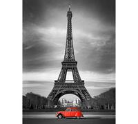 Eiffel Tower In Paris Red Car Large Wall Art Print Canvas Premium Poster