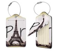 Eiffel Tower Love Paris Print Luggage Tag Leather with Stainless Steel Loop Privacy Cover Name ID Labels for Women Men