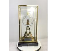 Eiffel Tower Mechanical Clock, 24K Gold Plated Brass, Balance Wheel Movement, European Style Desk Clock with Wooden Base
