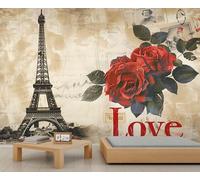 Eiffel Tower Murals Red Rose Art Deco Wallpaper Romantic French Retro Love Wallpaper Beige Bedroom Wall Paper for Bedroom Living Room Mural 150X105cm