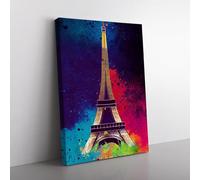 Eiffel Tower Paint Splash No.5 Blue, Pink, Blue Canvas Wall Art Print Ready to Hang, Framed Picture for Living Room Bedroom Home Office Décor, 76x50 cm (30x20 Inch)