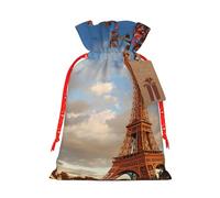 Eiffel Tower Paris Autumn Printing Drawstring Christmas Bag With Kraft Tag 4.7x6.9 Inch For Halloween Wrapping Gifts