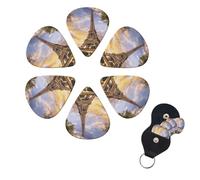 Eiffel Tower Paris Guitar Picks 6 Pack, 0.46mm Thickness Celluloid Bass Pick with Leather Guitar Pick Holder Keychain Abstract Art Pics Plectrum for Acoustic Electric Guitar, Ukulele, Bass