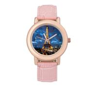 Eiffel Tower Paris Night Women's Wrist Watch Fashion Wristwatches with Pink Strap Gifts for Women Mother Wife Birthday