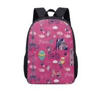 Eiffel Tower Paris Notre Dame Bicycle 17 Inch Backpack Kids Teens School Bag Vintage Illustration Travel Rucksack Pink (05)