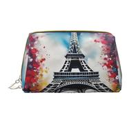 Eiffel Tower Paris Painting Leather Hand-Held Zipper Makeup Bag Pen Case Stationery Box Lipstick Pouch Toiletry Bag