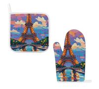Eiffel Tower Paris Painting Oven Mitts & Pot Holders Set - 2 Pcs Heat Resistant Oven Gloves with Hanging Loop, Kitchen Potholder for Cooking, Baking, BBQ, Microwave