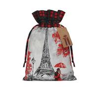 Eiffel Tower Paris Painting Print Christmas Imitation Burlap Gift Bag With Drawstring And Gift Tag,For Wrapping Candies