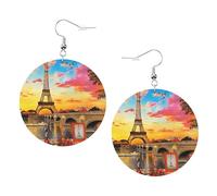 Eiffel Tower Paris Print Piercing Round Leather Earrings Set 1 Pair Stylish Leather Earrings Dangle Hoop For Women Jewelry Gifts