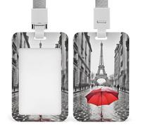 Eiffel Tower Paris Red Umbrella Badge Holder with Lanyards Retractable Vertical Plastic Id Badge Holder Name Key Card Holders Case for Teacher Nurse Doctor Office Gift for Coworkers