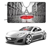 Eiffel Tower Paris Red Umbrella Car Windshield Sun Shade - Reflector Sunshade Offers Ultimate Protection for Car Interior, Cool Reflective Sun Blocker Fits Small Sedans, Mini SUVs 55"x30"