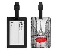 Eiffel Tower Paris Red Umbrella Luggage Tag TPU Waterproof Travel Name Tag with Card Holder for Women Men Suitcase Identifier Cute Travel Essentials