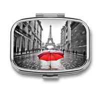 Eiffel Tower Paris Red Umbrella Pill Box 2-Compartment Portable Pill Case Square Metal Medication Organizer Small Weekly Medication Case with Mirror Stylish Vitamin Holder for Purse Pocket Travel