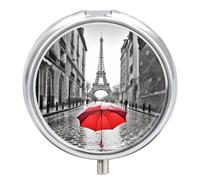 Eiffel Tower Paris Red Umbrella Pill Box 3-Compartment Travel Pill Organizer Portable Round Medicine Case with Mirror Design for Vitamins, Jewelry & Essentials Durable Pocket Pillbox for Purse, Campin