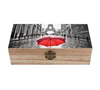 Eiffel Tower Paris Red Umbrella Wooden Storage Box Elegant Retro Jewelry Box with Hinged Lid Decorative Keepsake Boxes Decor Handmade Organizer Boxes for Wedding, Party, Gift, Diy Craft, Home Decor
