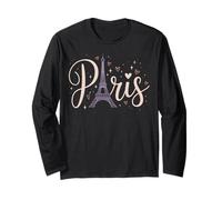 Eiffel Tower Paris Script Hearts Romantic Graphic Long Sleeve T-Shirt