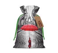 Eiffel Tower Paris Street Red Umbrella Christmas Drawstring Sack Gift Bag, Lightweight And Cute In Design