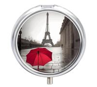 Eiffel Tower Paris Street Red Umbrella Pill Box 3 Compartment Round Small Pill Box for Pocket Purse Metal Travel Pill Case Portable Daily Pill Organizer Cute Compact Medicine Organizer Mini Pill Conta
