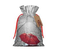 Eiffel Tower Paris Street Red Umbrella Print Festive Red Drawstring Bag, Small Favors Pouch Ideal For Christmas Party Gifting-S Size