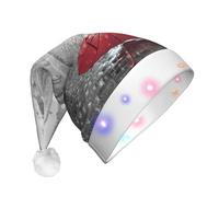Eiffel Tower Paris Street Red Umbrella Print Santa Hat With Led Lights, Funny Christmas Hats For Adults For New Year Holiday Party Supplies
