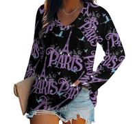 Eiffel Tower Paris Tunic Tops for Women Long Sleeve T-Shirts V Neck Pullover Loose Tee 2XL