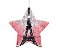 Eiffel Tower Pattern Christmas Tree Ornaments Star Shape Ceramic Xmas Tree Hanging Pendants Christmas Tree Decorations for Xmas Family Party Holiday Decorative