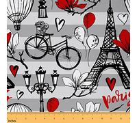 Eiffel Tower Pattern Fabric by The Yard Hand Drawn Bicycle Balloon Flowers Fabric for Chairs Decoration DIY Gifts Home Decor City Landmark Stripes Geometric Fabric for Kids Boys Girls,1 Yard