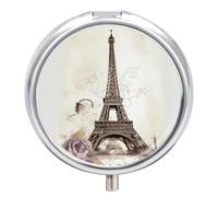 Eiffel Tower Pill Box Cute Round Small Pill Organizer Portable with 3 Compartments Travel Metal Pill Case for Pocket Or Purse Privacy Protecting Medicine Box