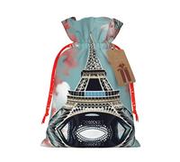 Eiffel Tower Print Festive Red Drawstring Bag, Small Favors Pouch Ideal For Christmas Party Gifting-S Size