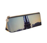 Eiffel Tower Print Large Capacity Leather Pencil Case Smooth Zippered Pen Pouch School Travel Makeup